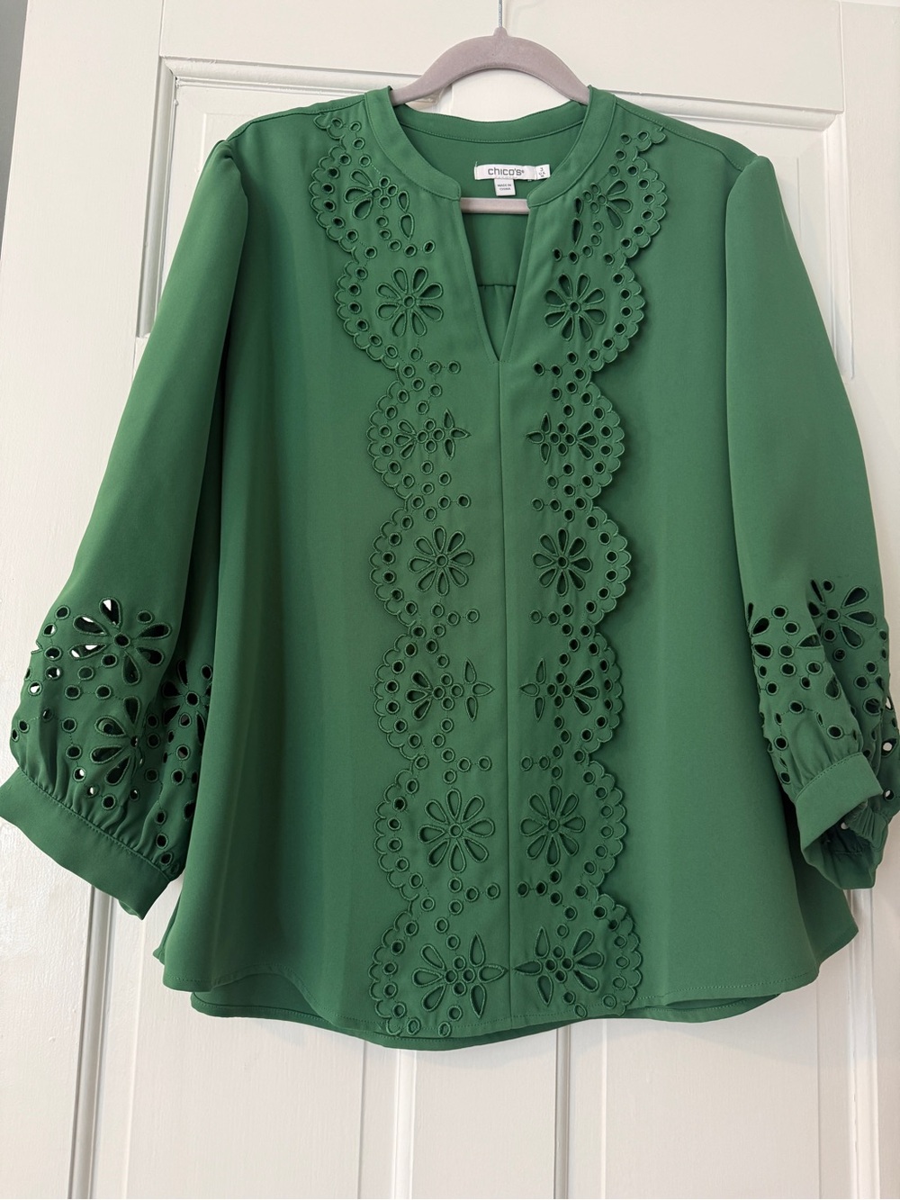 Chico's Emerald Green Eyelet-Trim Blouse